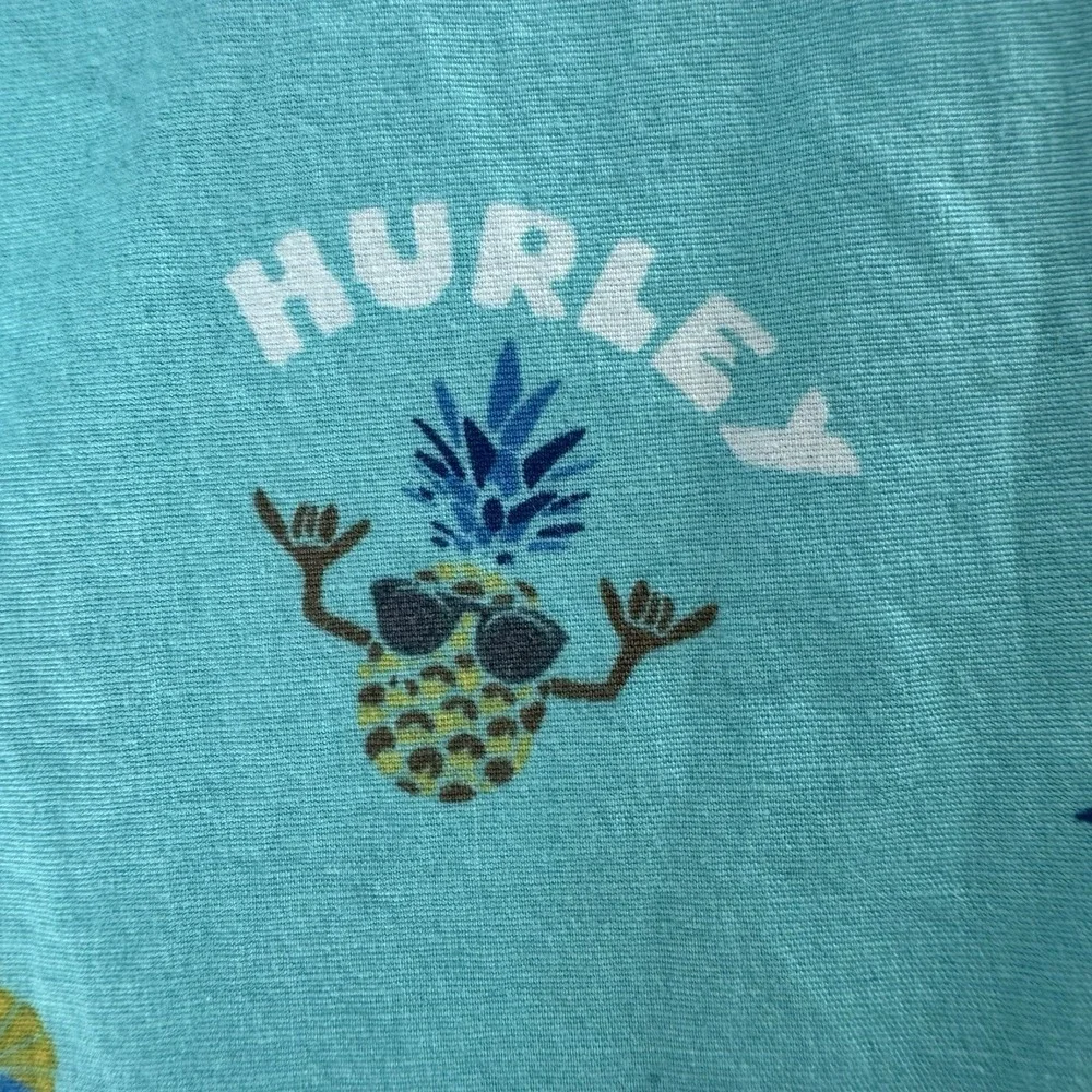 Hurley Men XL Teal Tropical Hawaiian Button Up Stretch Fit Logo Print Surf Beach
